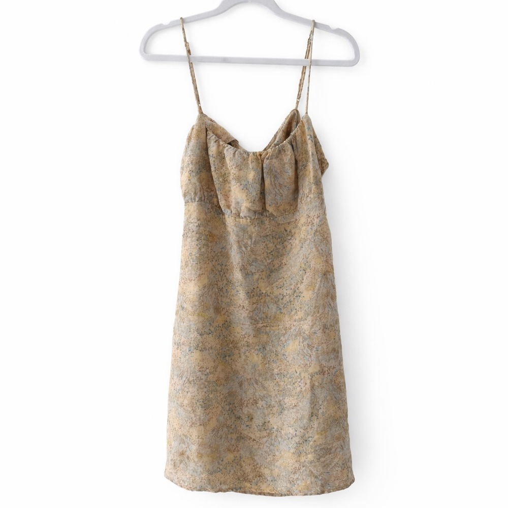 H&M neutral print linen blend mini dress adjustable straps cottagecore summer